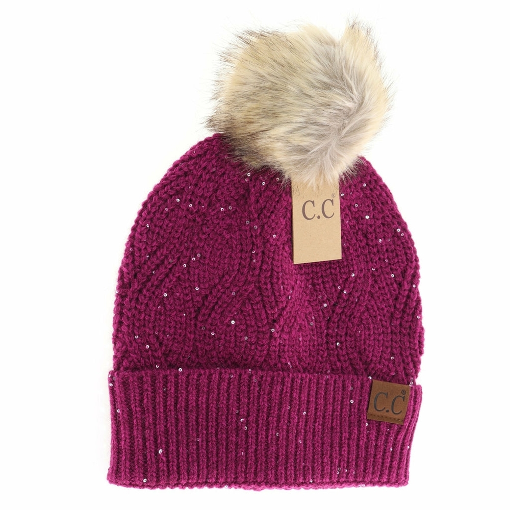 Sequin Brioche Cable Knit Fur Pom C.C Beanie 